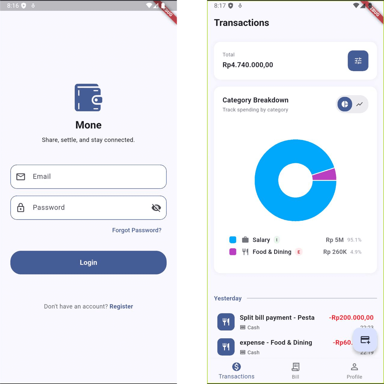 Login screen and dashboard with spending charts